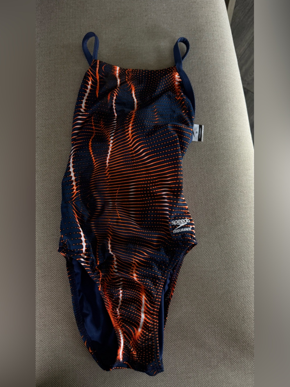 Speedo Navy and Orange Patterned One-Piece Swim Suit, Size 30